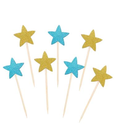 Pistha 50 Pcs Star Cupcake Toppers Glitter Twinkle Star Cupcake Picks for Wedding Baby Shower Birthday Party (Gold & Blue)