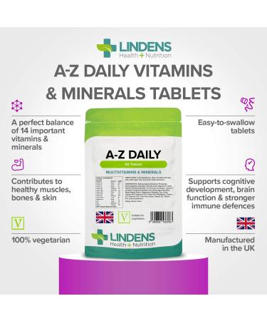 Lindens Multivitamin A-Z Daily Tablets - 90 Pack UK Made Perfect Vitamin & Mineral Balance of Vitamin A C D E B1 B2 B3 B6 B12 Folic Acid Magnesium Iron Zinc & Iodine - Letterbox Friendly 90 count (Pack of 1) - Buy Online on GoSupps.com