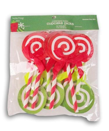 Red & Green Lollipop Cupcake Toppers - Decorate 12 Cupcakes with Christmas Picks!