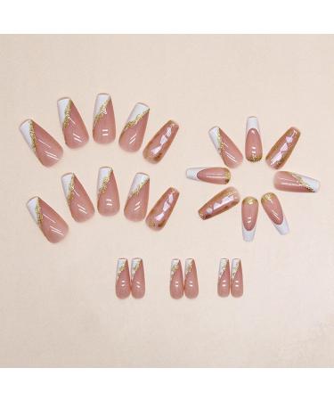 Medium Square Press on Nails - Gold Foil French Tip False Nails | 24 Pcs Stick on Glitter Acrylic Nails for Women & Manicure Art - Buy Online on GoSupps.com