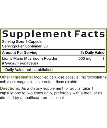 Bronson Lion's Mane Mushroom 500mg Hericium Erinaceus Non-GMO 60 Vegetarian Capsules 60 Count (Pack of 1) - Buy Online on GoSupps.com