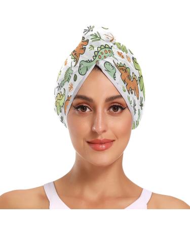 Cute Cartoon Dinosaurs Hair Towel 2 Pack Super Absorbent Hair Drying Towel Quick Dry Hair Turbans Head Towel with Button Twisty Wrap for Women Girls