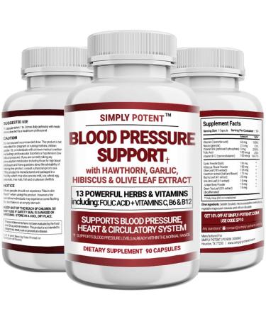 Blood Pressure Support Supplements - Healthy Heart, Cholesterol, Cardio, Hypertension, High BP - 13 Vitamins & Herbs - Folic Acid, Vitamins C B6 & B12, Hawthorn Olive Leaf Garlic Hibiscus, 90 Capsule