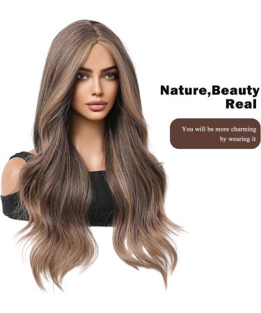 HAIRCUBE Long Brown Wavy Wig for Women - Synthetic Curly Hair with Highlights, Middle Parting - Mixed Brown - Buy Online on GoSupps.com