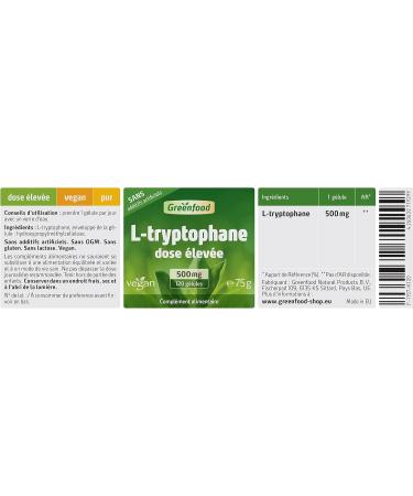 Greenfood L-Tryptophan 500 mg 120 Capsules - No Artificial Additives - Non-GMO - Lactose Free - Gluten Free - Vegan. - Buy Online on GoSupps.com