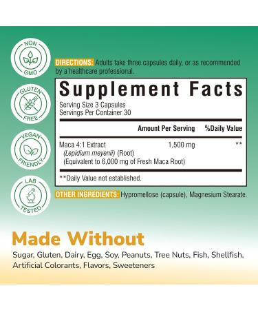 Maca Root Capsules for Women & Men, 1,500 mg of 4:1 Extract, Equivalent to 6,000 mg of Fresh Maca Root Per Serving, Vitality, Mood, Metabolic Support, 90 Capsules - Buy Online on GoSupps.com