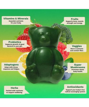 Gruns Adults Super Greens Gummies, Multivitamin Superfood Gummy Bears, Spirulina, Chlorella, Prebiotics & Fiber Gummies for Digestive Health, Adaptogens Supplement, 20 Vitamins & Minerals, 10 Count Low Sugar - Buy Online on GoSupps.com