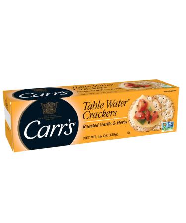 Carr's Table Water Crackers, Baked Snack Crackers, Party Snacks, Roasted Garlic and Herbs, 4.5oz Box (1 Box)