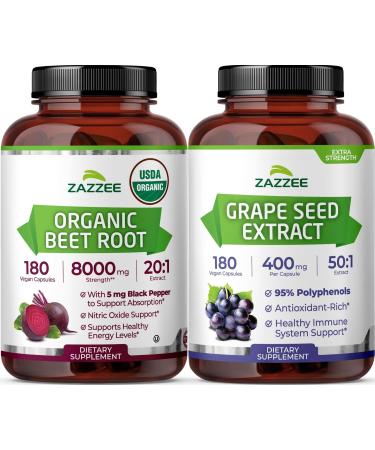 Zazzee Herbal B Pressure Support Bundle | 50:1 Grape Seed Extract Capsules Plus 20:1 Organic Beet Root Capsules | Non-GMO Vegan & ISO Lab Tested (180 Servings Each)