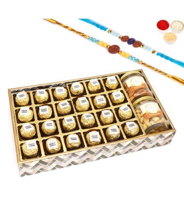 Ghasitaram Gifts Rakhi Gifts for Brothers Big Printed Tray of Channa Laddoos Roasted Cashews and Almonds Jars with 2 Blue Rudraksh Rakhis Tray of Channa Laddoos Cashew Almonds Jars 2Rakhi
