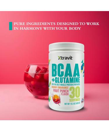 Xtravit BCAA+ Glutamine Powder Supplement - Natural Fruit Punch Flavored Workout Drink for Men & Women - Branched Chain Amino Acids for Energy & Muscle Recovery - No Sugar 38.8 oz. 30 Servings - Buy Online on GoSupps.com