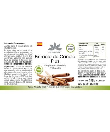 Cinnamon Extract - with 200 g Chromium and 10mg Zinc per Capsule - High Concentration - 120 Capsules | herba direkt - German Pharmacy Quality - Buy Online on GoSupps.com