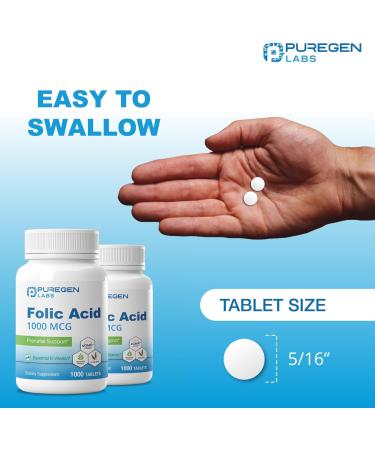 Puregen Labs Folic Acid 1000 mcg Tablets | Vitamin B9 | Non-GMO | Gluten Free | Value Size 1000 Tablets - Buy Online on GoSupps.com