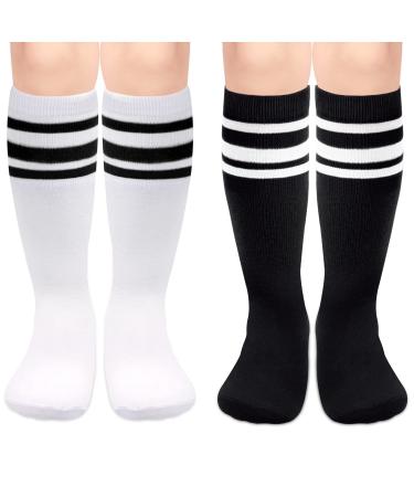 Kids Soccer Socks Toddler Soccer Socks Girls Boys Soccer Socks Kids Tube Socks with Stripes Toddler Knee High Socks 3-6 Years 2 Pack Black/White White/Black
