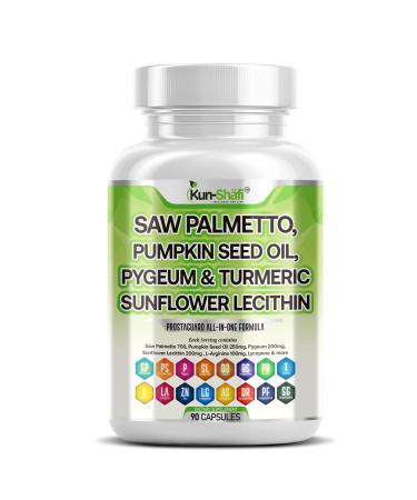 Kun Shafi Saw Palmetto with Stinging Nettle, Pygeum, Pumpkin Seed, Sunflower Lecithin, Turmeric & Ashwagandha Prostate Support for Men with Lycopene & Vitamin D3 90 Capsules