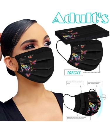 Zewuai 10-100PC Adult Women Butterfly Print Black Disposable Face_Mask 3Ply Non-Woven Breathable Face Bandana- Made in US. B-10pc - Buy Online on GoSupps.com