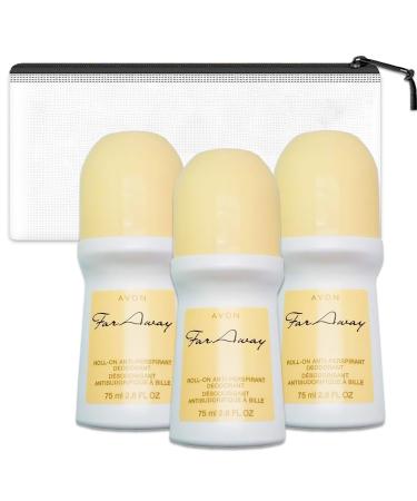 Avon Far Away Roll-On Deodorant for Women Travel Pack - 3 Pack Avon Roll-On Anti-Perspirant Deodorant Travel Size 2.6 Oz Bundle with Bag | Travel Size Deodorant for Women
