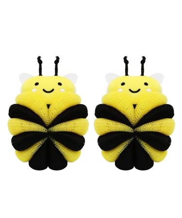 2 Pcs Cute Bee Bath Sponge for Shower  Cartoon Animal Loofah Pouf Body Wash Scrubber Soft Mesh Poufs Bathing Accessories for Men Women (2 Pcs)