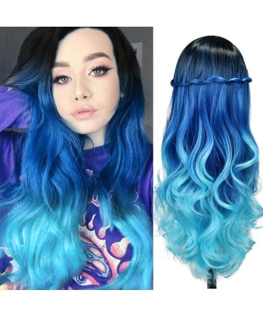HANNE Long Hair Body Wave Ombre Bluish Teal Blue Wigs For Black and White Women 3 Tone Colors Middle Part Heat Resistant Navy Blue Wig Synthetic Hair Wigs (Ombre Blue) 0 Ombre Blue
