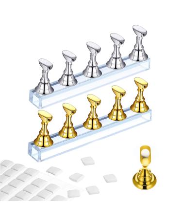 2 Sets Acrylic Nail Display Stand with Putty  Nail Practice Holder Magnetic Nail Practice Stand  Nail Stand for Press on Nail Tip Holders for Salon and Home DIY Christmas Gift(gold and silver)