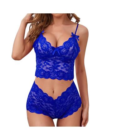 Women 2 Pieces Lingerie Sets Sexy Lace Babydoll Underwear Underpants Sleeveless Strap Sleepwear Nightwear with Bow Blue-53 Medium