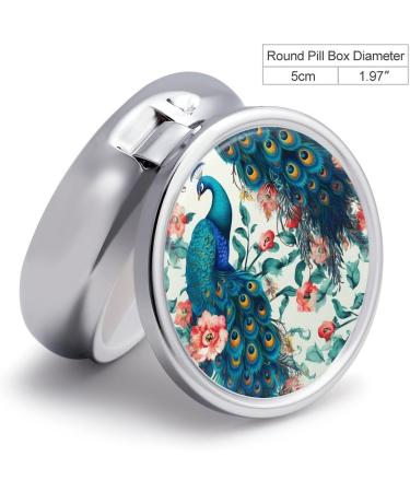 Round Peacock Flowers Print Pill Box - 3 Compartment Decorative Metal Organizer for Travel & Daily Use - Buy Online on GoSupps.com