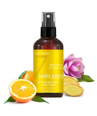 Magnesium Happy Joints Spray - Powerful USA Made Magnesium Oil Blend with Organic Essential Oils (Turmeric Ginger and Orange) - Free Ebook Included (4 fl oz)