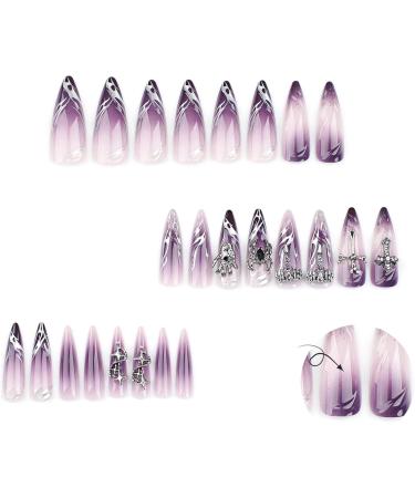 2 Piece Set Reusable Glue Gel Gothic Mauve Nail Gradient Finger Metal Cross Charm Design Spider Decal Halloween Cross Pattern Punk Suitable for Female Girls Almond Nails Purple Gradient 1count - Buy Online on GoSupps.com
