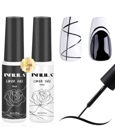 NXJ INFILILA Nail Art Gel Polish 2pcs 8ml Liner Nail Polish Set Gel Liners Black & White Classic Colors Gel Paint for Nails Art French Petal Swirl Fire Nail Design Manicure Salon Liner Blcak White