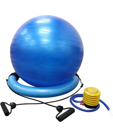 FEIERDUN Yoga Ball Chair  Stability Ball with Inflatable Stability Base & Resistance Bands, Fitness Ball for Home Gym, Office, Improves Back Pain, Core, Posture & Balance (Blue)