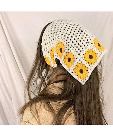 Floral Crochet Hair Bandanas 2PCS Women Hairbands | Daisy Print Knitted Headscarf Vintage Hair Scarf - Buy Online on GoSupps.com