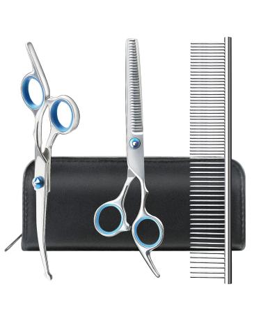 Soslina 7" Dog Grooming Scissors Kit with Safety Round Tips Heavy Duty Titanium Stainless Steel Professional Dogs Cats Pets Grooming Shears Set Thinning Shears Curved Scissors Comb