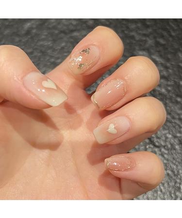 Fake Nails Short Heart Press on Nails Square Valentines Day Acrylic Nails Cream Yellow Gradient Full Cover False Nails with Gold Glitter Designs Glossy Artificial Nails for Women Girls Nails Art Heart Style 18