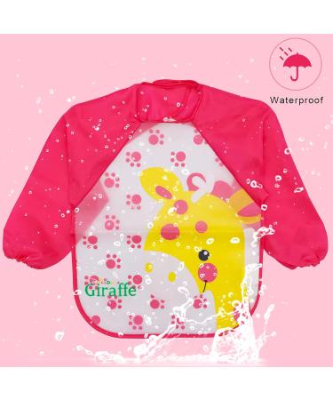 Baogaier Waterproof Baby Bibs with Long Sleeves - 4 Pack | Easy Clean, Ideal for Weaning and Feeding | Cute Animal Designs - Rabbit, Strawberry, Giraffe, Ladybug (Pink) - Buy Online on GoSupps.com