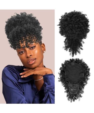 Goddesty Afro Puff Drawstring Ponytail Kinky Curly With Bangs Hair Synthetic Short Extensions Hairpieces Updo Hair for Black Women (1B)