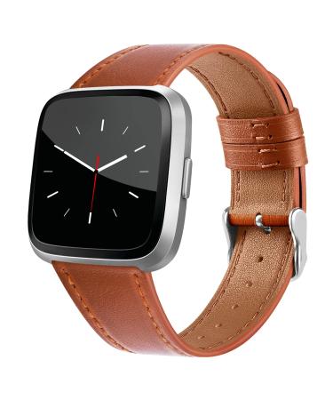BOTNUW Leather Bands Compatible with Fitbit Versa 2 Bands & Versa Bands & Versa Lite Wristbands, Classic Fitbit Versa SE Replacement Leather Strap for Women Men Brown