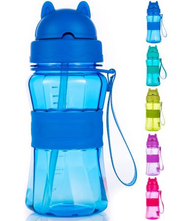 Ecteco Water Bottle for Kids Toddlers with Straw Strap 12OZ Children Sized Leak Proof BPA Free Tritan Drinking Bottles for Boys Girls School Students  Cute Lightweight Sturdy Anti-skid Design blue