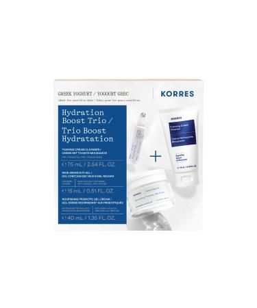 KORRES Greek Yoghurt Hydration Boost Trio Set 3-Step Skin Care Kit with Foaming Cream Cleanser Eye Gel & Probiotic Gel Cream Pre & Probiotics for Balanced Hydration Clean Beauty 3 Piece Set