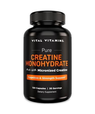 Vital Vitamins Creatine Monohydrate Pills for Women & Men - Micronized Creatine Capsules - Cognitive Strength Recovery Support - 3g (3000mg) per Serving - Vegan Non-GMO 120 Count 120 Count (Pack of 1)