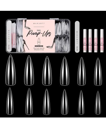 Makartt 240Pcs Soft Gel Full Cover Tips Soak Off Nail Extensions Kit, Extra Long Press on Nails XXL Stiletto Nail Pump-Ups Tips 12 Sizes Gel Nail Tips 4pcs Nail Glues 1pcs Nail File Acrylic False Nail