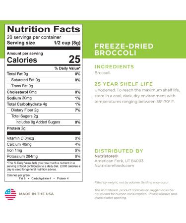 Nutristore Freeze Dried Broccoli: 20 Servings, 5.64 OZ, 25 Year Shelf Life - Healthy Snack, Amazing Taste | Emergency Survival Food - Buy Online on GoSupps.com