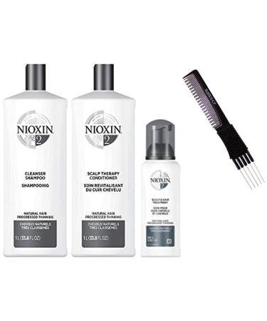 fragile hair NlOXlN System 2 LARGE STARTER KIT for Natural Hair & Progressed Thinning 3-piece TRIO Kit (w/ Sleek Premium Carbon Teasing Comb) Boost Fine Hair (System 2 LARGE KIT (33 oz + 33 oz + 6.7 oz))