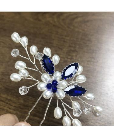 Flower Bridal Hair Pins Pearl Bride Wedding Hair Accessories Rhinestone Hair Piece for Women and Girls(Blue) - Buy Online on GoSupps.com