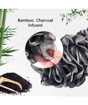 Loofah Charcoal Back Scrubber Set - 1 Long Handle Brush, 1 Large Mesh Pouf, 2 Hooks - Shower Sponge for Men and Women - Buy Online on GoSupps.com