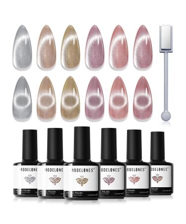 Modelones Cat Eye Gel Nail Polish Set 6 Colors Holographic Nude Gray Brown Gel Polish Glitter 9D Magnetic Gel Polish Pink Gel Polish with Magnet Nail Art DIY Salon For Women