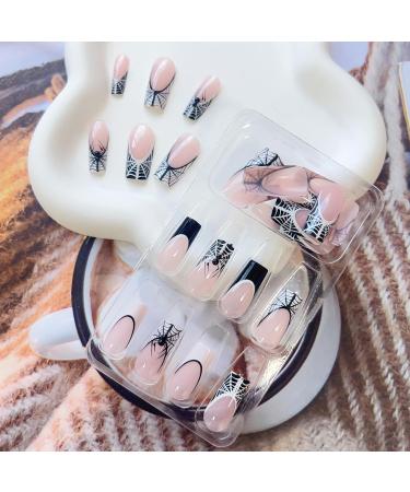 Halloween Long Square Fake Nails - Black & White Spider Web Design - Press on & Glue on French Tip Nails - 24 Pcs | Cute Halloween Artificial Nails for Women - Buy Online on GoSupps.com