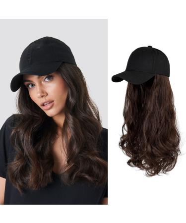 AynnQueen Baseball Cap with Detachable Hair Extensions for Women 21 inch Long Wavy Synthetic Hair with Adjustable Hat Wig Attached Black Baseball Cap (Medium Brown) Medium Brown-Long Wavy