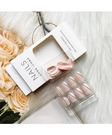 Pink Short Almond Press on Nails with White Heart Design - 24Pcs | Glossy Acrylic Fake Nails for Women and Girls - Buy Online on GoSupps.com
