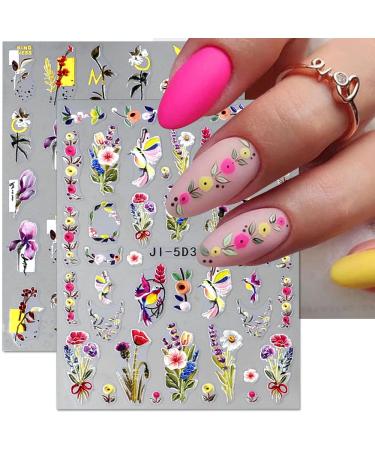Dornail 5D Embossed Bronzing Nail Stickers - Spring Floral Decals for Women Manicure - Colorful Flower & Bird Nail Art Accessories - Buy Online on GoSupps.com