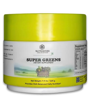 Nutriherbs Super Greens Powder - 225g | 33 Nutrient-Rich Fruits Vegetables & Probiotics for Enhanced Energy Immunity & Digestion | Powerful Green Superfood Powder | 30 Delicious Servings
